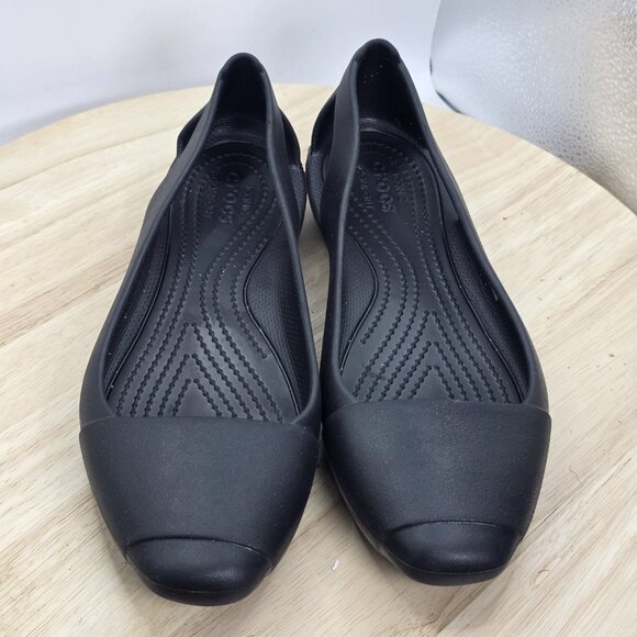 Women's Size 8 - Crocs Sienna Ballet Shoes Black Cap Toe Casual Slip On Flats - Picture 2 of 11